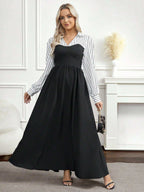 فستان أنيق طويل الأكمام مخطط بألوان متباينة للنساء الحوامل - Pink&blue