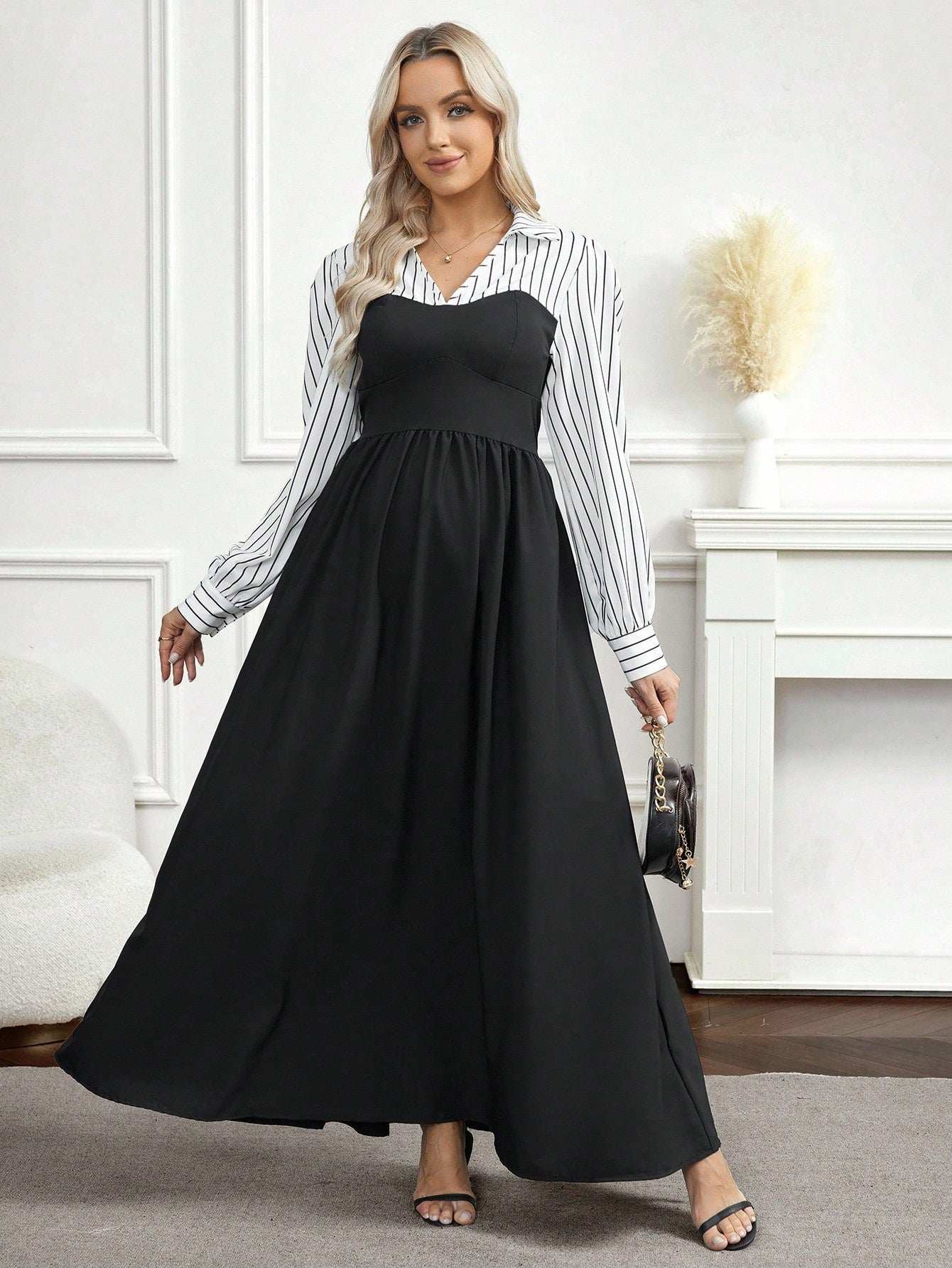 فستان أنيق طويل الأكمام مخطط بألوان متباينة للنساء الحوامل - Pink&blue