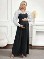 فستان أنيق طويل الأكمام مخطط بألوان متباينة للنساء الحوامل - Pink&blue