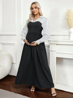 فستان أنيق طويل الأكمام مخطط بألوان متباينة للنساء الحوامل - Pink&blue