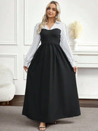 فستان أنيق طويل الأكمام مخطط بألوان متباينة للنساء الحوامل - Pink&blue