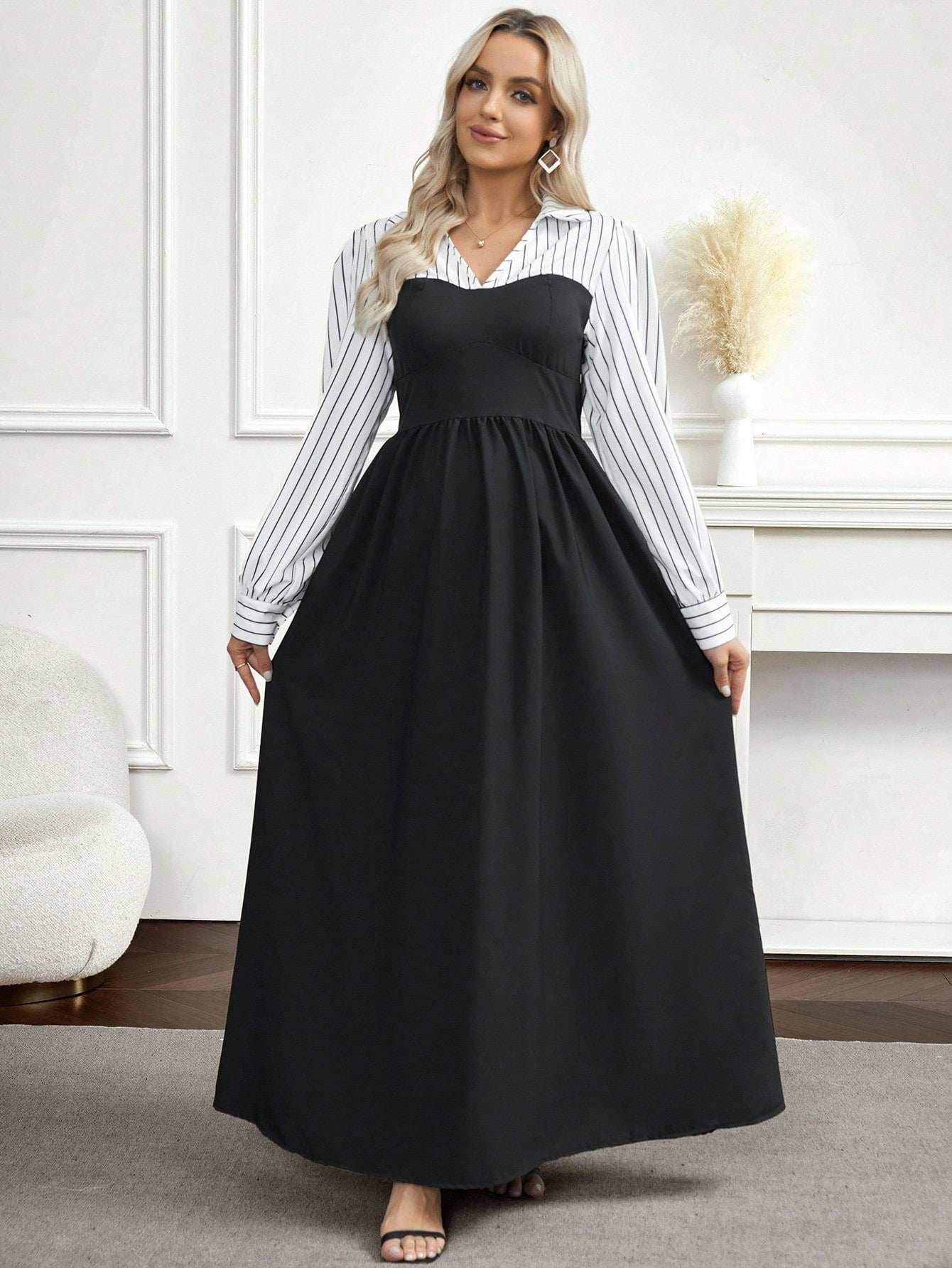 فستان أنيق طويل الأكمام مخطط بألوان متباينة للنساء الحوامل - Pink&blue