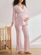 طقم بيجامة للحوامل مريح مزين بشريط دانتيل ناعم بسيط، بسروال متوسط الأكمام، ملابس خريفية - Pink&blue