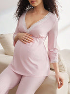 طقم بيجامة للحوامل مريح مزين بشريط دانتيل ناعم بسيط، بسروال متوسط الأكمام، ملابس خريفية - Pink&blue