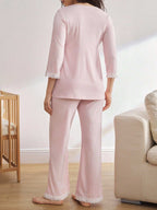 طقم بيجامة للحوامل مريح مزين بشريط دانتيل ناعم بسيط، بسروال متوسط الأكمام، ملابس خريفية - Pink&blue