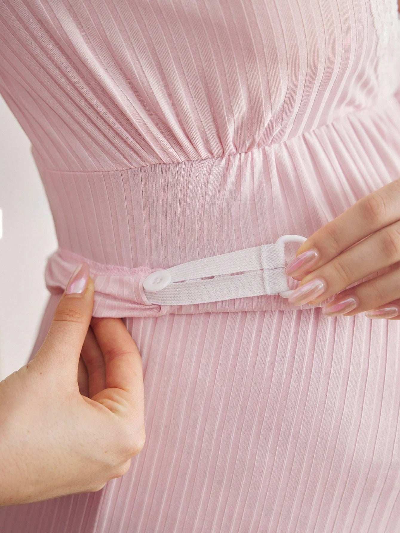 طقم بيجامة للحوامل مريح مزين بشريط دانتيل ناعم بسيط، بسروال متوسط الأكمام، ملابس خريفية - Pink&blue